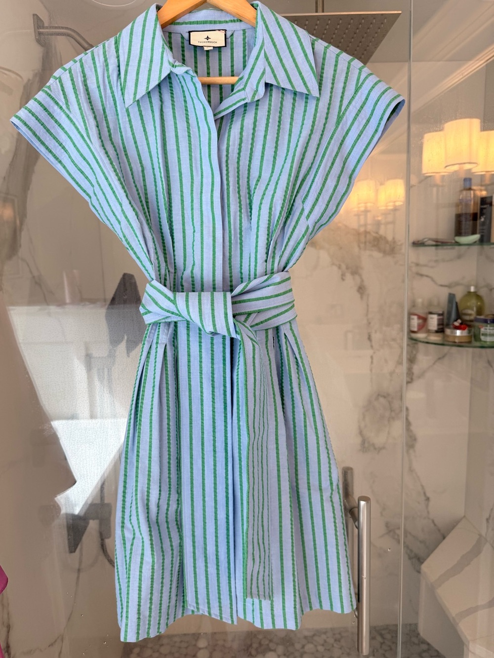 Tuckernuck Light Blue and Green Striped Shirt Dress with Self Tie